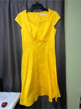 Bbonline Yellow M Sweetheart Waisted Party Swing Dress Short Sleeve Party